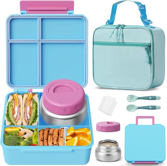 Kids Bento Lunch Box with Thermos, Leakproof Toddler Bento Box with 9 OZ Insulated Food Jar, Lunch Bag & Utensils 3 or 4 Compartment Container for School Girls Boys