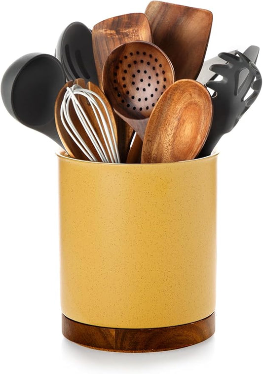 Nucookery 360°Rotating Utensil Holder, 7.2" Kitchen Utensil Crock, Ceramic Cooking Utensil Organizer with Countertop-Protection Cork Bottom for Farmhouse Kitchen Decor Christmas (Yellow Sand)