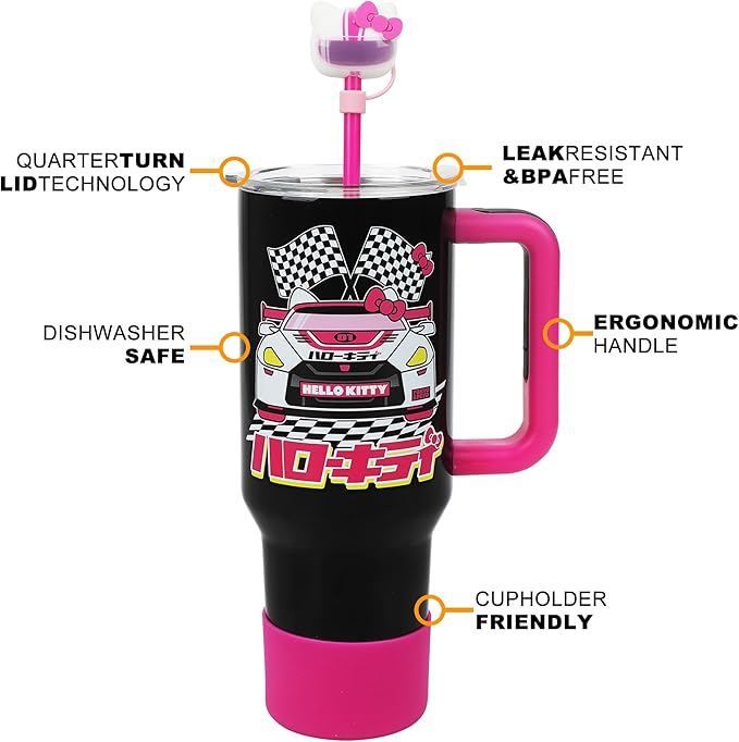 Bioworld Hello Kitty Race Car 40 Oz Black & Pink Stainless Steel Tumbler With Handle