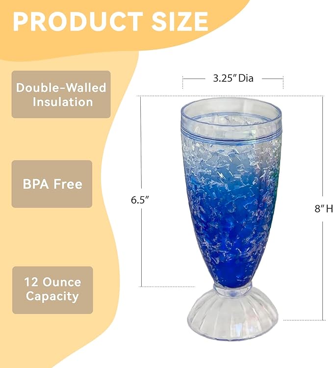 Lily's Home 12oz set of 4Insulated Double Wall Gel-Filled Acrylic Plastic Frosted Freezer Milkshake Glasses. Ideal for Root Beer Float, Smoothies and Ice Cream Soda