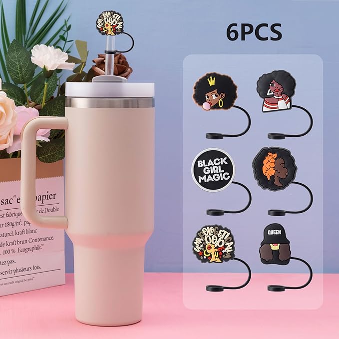 6Pcs Black Girl Straw Cover Cap for Stanley Cup Accessories, 10mm Cute Black Drinking Straw Topper for 40oz 30oz Stanley Tumbler, Dust-Proof Reusable Straw Tips Valentines Decor Gifts for Women