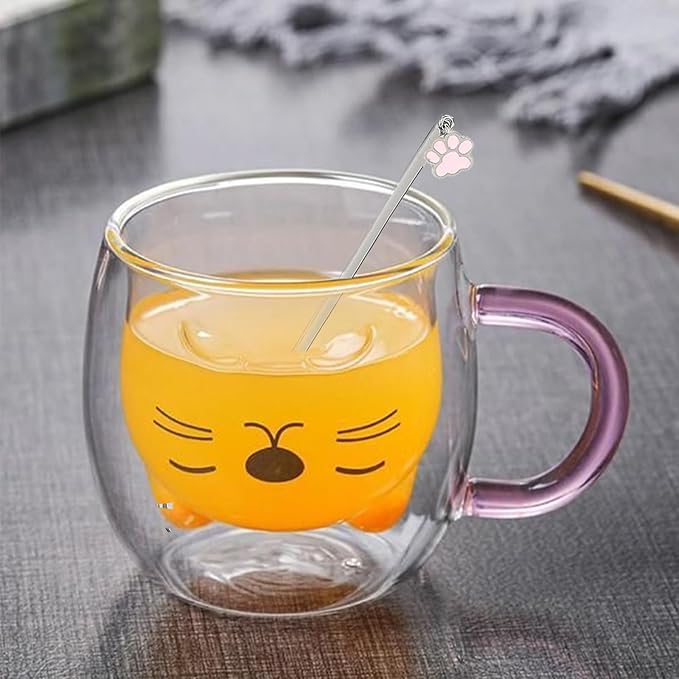 Purple Cat Mug Cute Mugs Glass Double Wall Insulated Glass Espresso Cup, Kawaii Cup, Coffee Cup, Tea Cup, Milk Cup, Best gift for Office and Personal Birthday Christmas (Purple Cat)