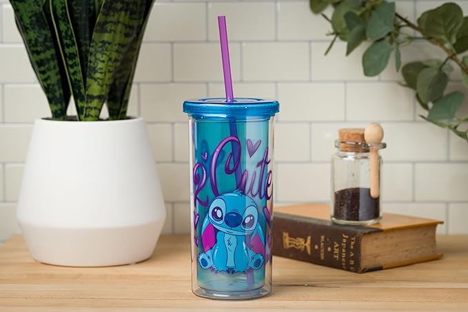 Silver Buffalo Disney Lilo and Stitch “2 Cute” Plastic Tall Cold Cup with Lid and Straw, 20 Ounces (Pack of 12)