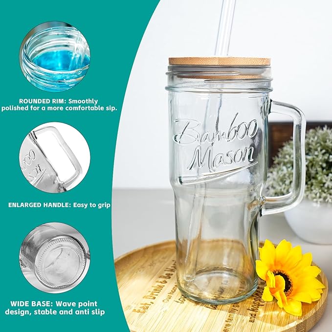 ANOTION Glass Cups with Lids and Straws - 24oz Tumbler with Handle Coffee Cups Glass Straws Glasses Mason Jar Cups Drinking Set Kitchen Essentials Coffee Bar Accessories House Warming Gifts New Home