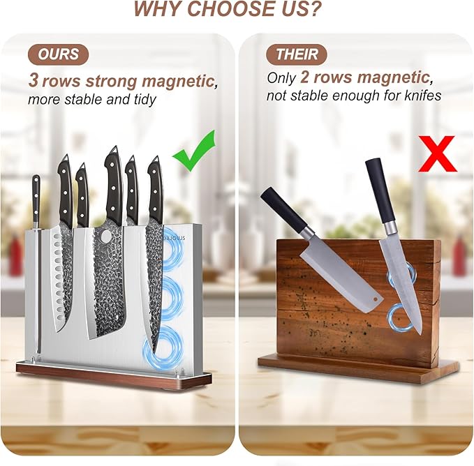 Magnetic Knife Holder, Stainless Steel Magnetic Knife Block without Knives, Strong Double Sided Magnet Knife Storage Strip with Wood Base for Kitchen Counter-Silver