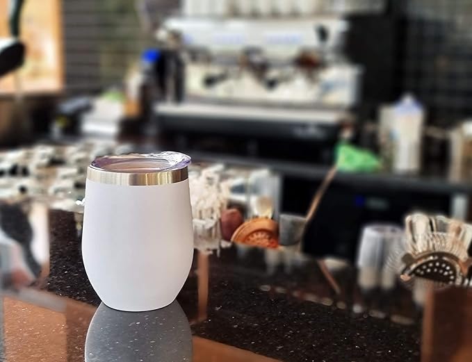 CHILLOUT LIFE 12 oz Stainless Steel Wine Tumblers 2 Pack - Double Wall Vacuum Insulated Wine Glasses Cups with Lids and Straws Set Keeping Cold & Hot for Coffee, Beer, Ice Cream - Powder Coated White