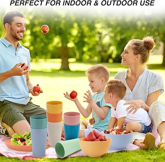Wheat Straw Cup Set of 8, Reusable Plastic Drinking Cups for Kitchen, Camping, Unbreakable Drinking Glasses Set, BPA Free Water Tumblers for Milk, Coffee, Juice, Dishwasher & Microwave Safe, 12oz