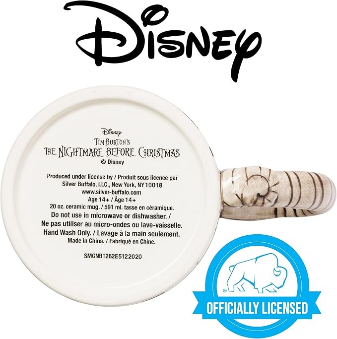 Silver Buffalo Disney Tim Burton's Nightmare Before Christmas Jack Skellington and Moonlight Snake 3D Sculpted Handle Ceramic Mug, 20 Ounces