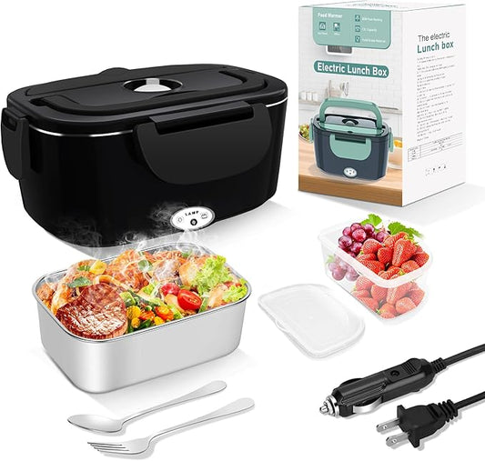 Electric Heated Lunch Boxes Adults: 80W Electric Lunch Box Food Heated 12/24/110V 1.5L Heatable Lunch Box for Car/Truck/Office Leak-Proof Stainless Steel Container,Fork & Spoon,Bag (Black)