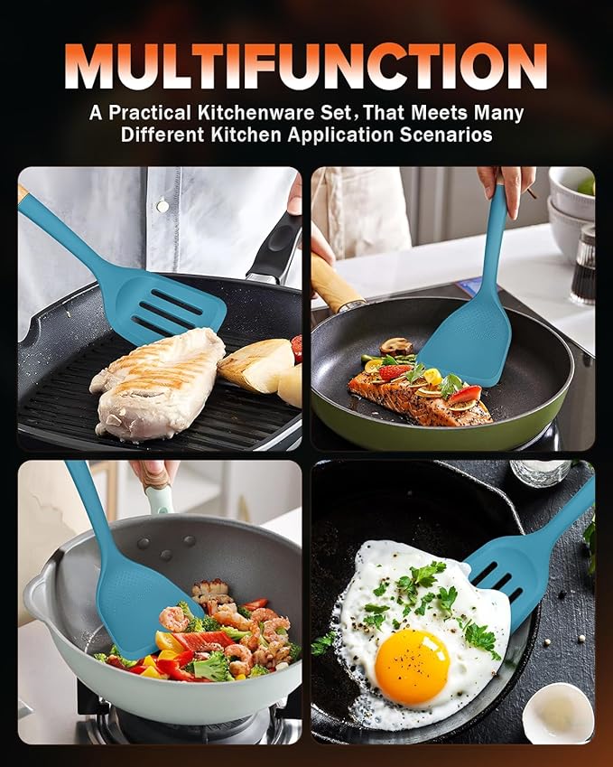 Silicone Wok Spatula Turner Set, Perfect for Scooping, Flipping, Lifting Pancakes and Picking up Veggies, BPA-Free Matte Silicone, Wooden Handles, Safe for Nonstick Cooking Surfaces (Blue)