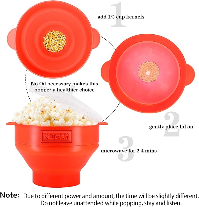The Original Korcci Microwaveable Silicone Popcorn Popper, Microwave Popcorn Popper, Collapsible Microwave Popcorn Maker Bowl, No Oil Required, Use In Microwave, Dishwasher Safe (Red)