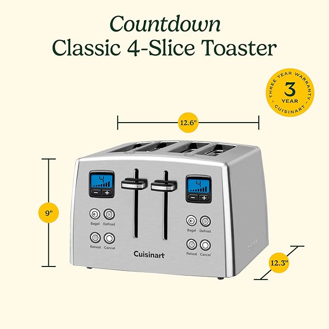Cuisinart 4 Slice Countdown Motorized Toaster, Compact Bread Toaster with Extra-Wide Slots for Toasting Bread, French Toast, Bagels and Pastries, Defrost & Reheat Functions, CPT-435P1, Stainless Steel