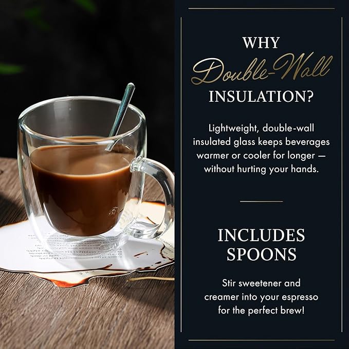 ELIXIR GLASSWARE Double Wall Espresso Shot Glass - 5.4 oz - Set of 2 Glass Coffee Mugs - Double Walled Glass Coffee Mugs, Insulated Clear Glass Espresso Mugs, Double Wall Insulated Glasses