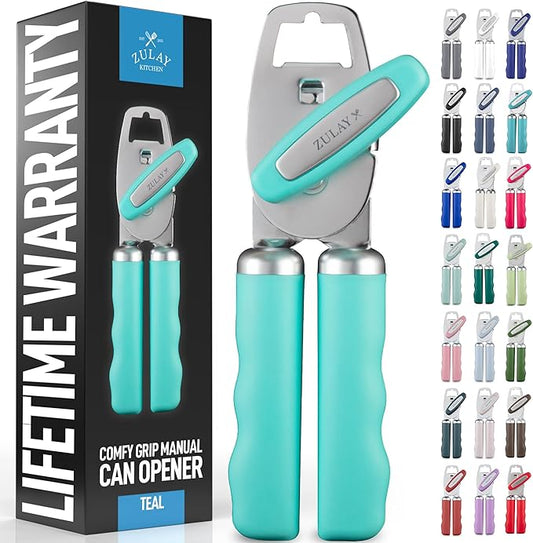 Zulay Kitchen Heavy Duty Stainless Steel Can Opener Manual with Bottle Opener - Rust Proof Manual Can Opener With Turn Knob & Comfy Soft Grip Handles - Teal