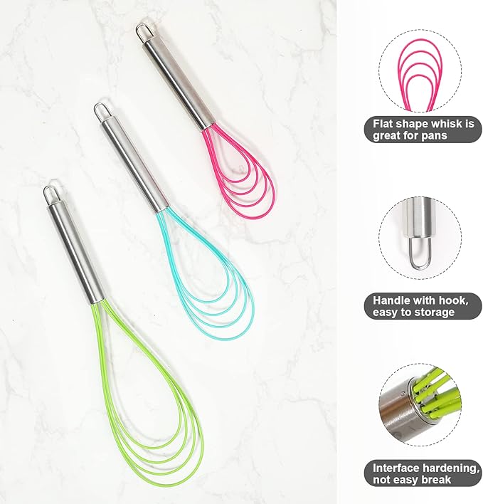 Webake Silicone Flat Whisk Set of 3, Heat Resistant Kitchen Whisks for Non-stick Cookware, Egg Beater Perfect for Blending, Whisking, Beating, Frothing & Stirring