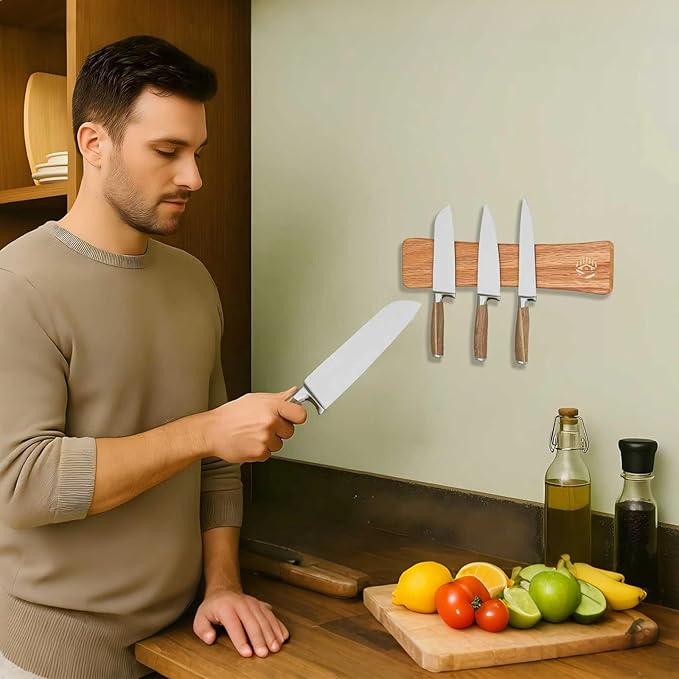 Magnetic Knife Strip, 16 Inch Magnetic Knife Holder for Wall with N52 Strong Magnets, Premium Oak Wooden Knife Magnetic Strip Organizer for Kitchen Knives & Tools,No Drilling