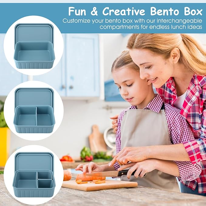 Bento Lunch Box for Kids-Reusable Silicone Kids Bento Box Lunch Container Leakproof Lunchbox Meal Prep Food Storage Containers with 3 Removable Compartments–Dishwasher Safe/BPA Free/Portion Control
