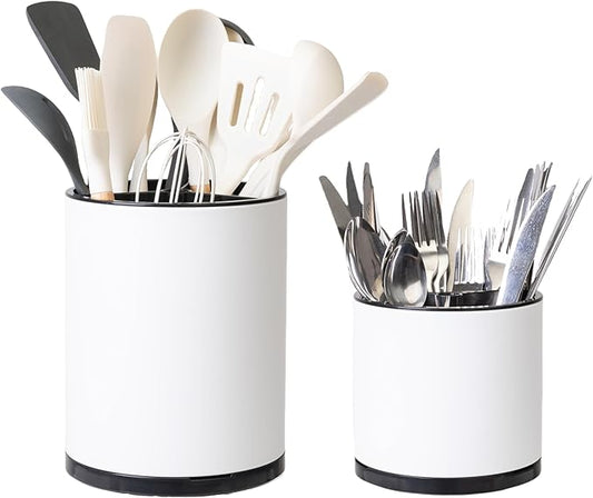 Kitchen Utensil Holder Extra Large Rotating For Counter Organizer Stainless Steel Storage Cooking Silverware Caddy 3 Compartment Flatware Spoon Spatula Tool Cutlery Container(2 Set White)