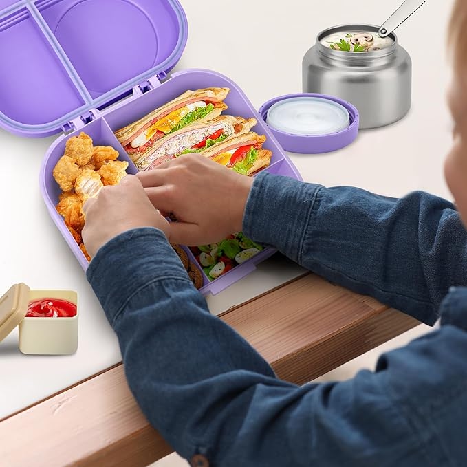 Bento Lunch Box with 12oz Soup Thermo,4 Compartments Lunch Box Containers, Spoon&Sauce Jar, BPA Free&Leak proof,Insulated Food Jar for Travel(Purple)