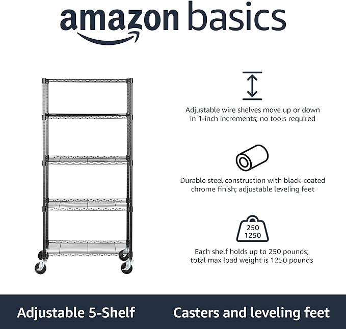 Amazon Basics 5-Shelf Adjustable, Heavy Duty Storage Shelving Unit on 4'' Wheel Casters, Metal Organizer Wire Rack, 30" L x 14" W x 64.75" H, Black