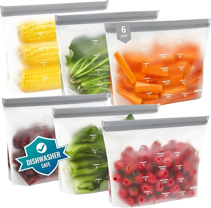 IDEATECH Reusable Bags Dishwasher Safe, BPA Free Reusable Freezer Bags Stand Up, Leakproof Silicone Bags for Food Storage Containers, Salad Fruit, Vegetables,Travel, Home Organization -Gray 6 Gallon