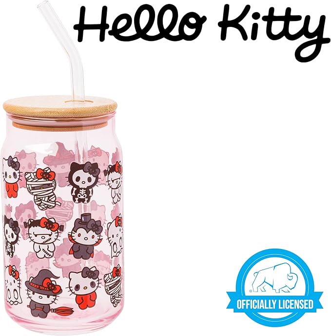 Silver Buffalo Sanrio Hello Kitty and Friends Halloween Spooky Costumes Ghost Witch Vampire Zombie Frankenstein Skeleton Pink Glass Jar Tumbler with Bamboo Lid and Glass Straw, 16 Ounces (Pack of 12)