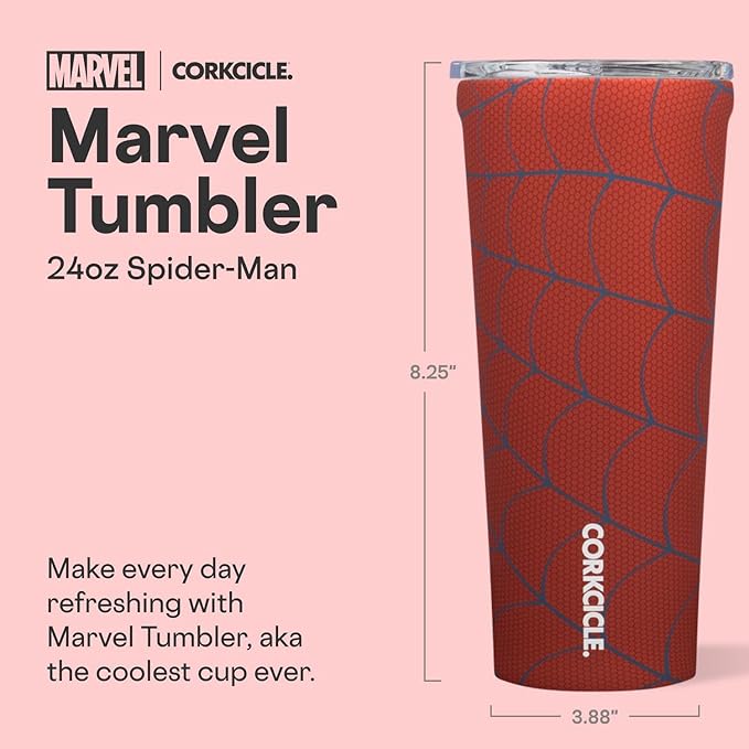 Corkcicle Disney Tumbler - Triple-Insulated Stainless Steel - Keeps Drinks Cold 9 Hours - Spill-Proof Lid - Reusable - Summer Drinkware Gift - Keeps Drinks Ice Cold - 24 oz - Spider-Man