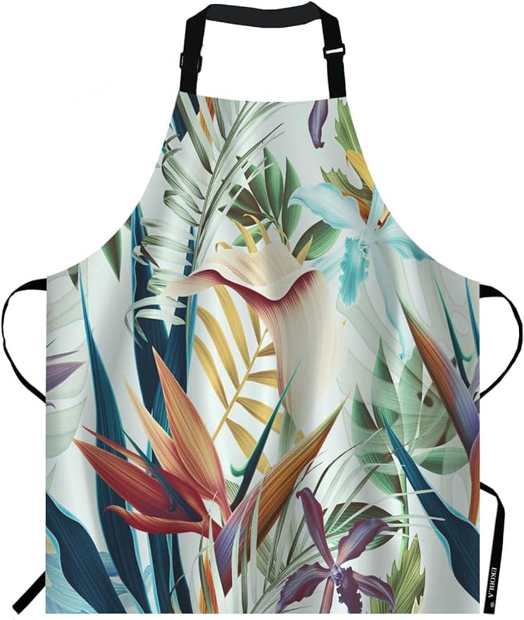 EKOBLA Tropical Flower Leaves Aprons Decorative Summer Leaf Nature Plant Hawaii Vocation Waterproof Resistant Chef Cooking Kitchen BBQ Adjustable Aprons for Women Men 27x31 Inch