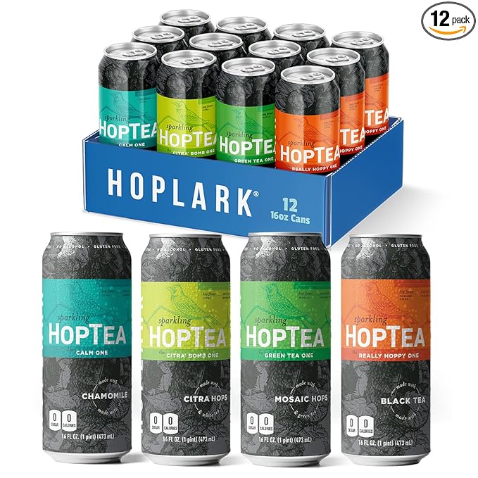 HOPLARK Sparkling HopTea – Sparkling Tea Sampler Featuring Green Tea, White, Black Tea and Chamomile – Zero Calorie – Unsweetened – Caffeinated and Caffeine-Free – 12 Pack 16oz Cans - The Core Mixed Pack