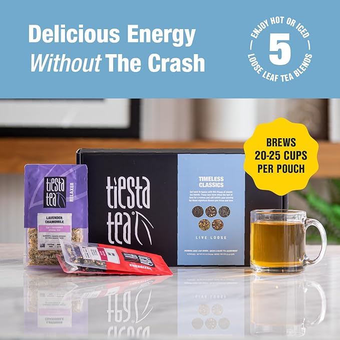 Tiesta Tea - Classic Tea Gift Box, Loose Leaf, High to Non-Caffeinated Variety, Make Hot & Iced Brews, 5 Pouches of Assorted Blends w/English Breakfast, Green, Chai, Lavender & Herbal
