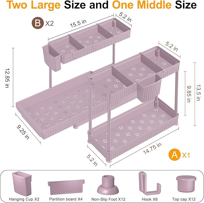 3 Pack Multi-Purpose Under Sink Organizers and Storage (Pink, 12.85 inches)