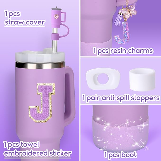 Mity rain 6PCS Cup Accessories Set for Stanley Cup 30oz 40oz tumbler with handle, Including Silicone Straw Topper Cover Cap and Boot, Spill Proof Stopper, Handle Charm, Initials Sticker (Letter J)