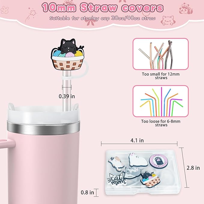 6PCS Straw Covers for Stanley Cup Tumbler 30 oz / 40 oz Leak Proof Straw Toppers 10mm Silicone Cute Caps for Stanley Cup Accessories-Cute Cat