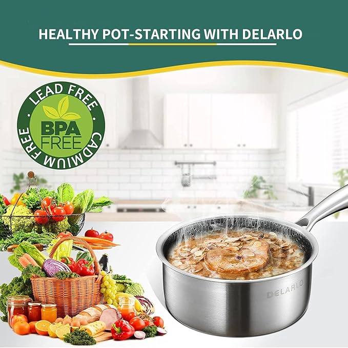 DELARLO Tri-Ply Hybrid Stainless Steel Saucepan, Hybird 1.5QT Non Stick Pots, All Stove Safe Up to 600℉, Sauce Pot 1.5 Quart Non Stick Sauce Pan, Saucier Pan, Honeycomb Pan,Small Saucepan, Lids 300℉