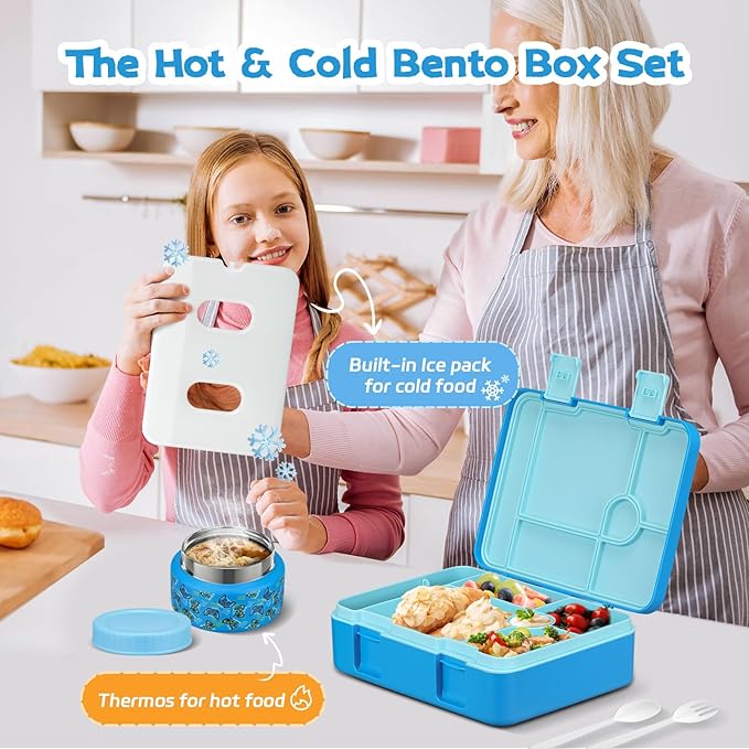 Bento Lunch Box Kids and 9oz Soup Thermos – 5.5-Cup Leakproof Kids Bento Box with Ice Pack & 9oz Insulated Food Jar – Hot & Cold Food Lunch Container for Boy Girl School, Blue Set