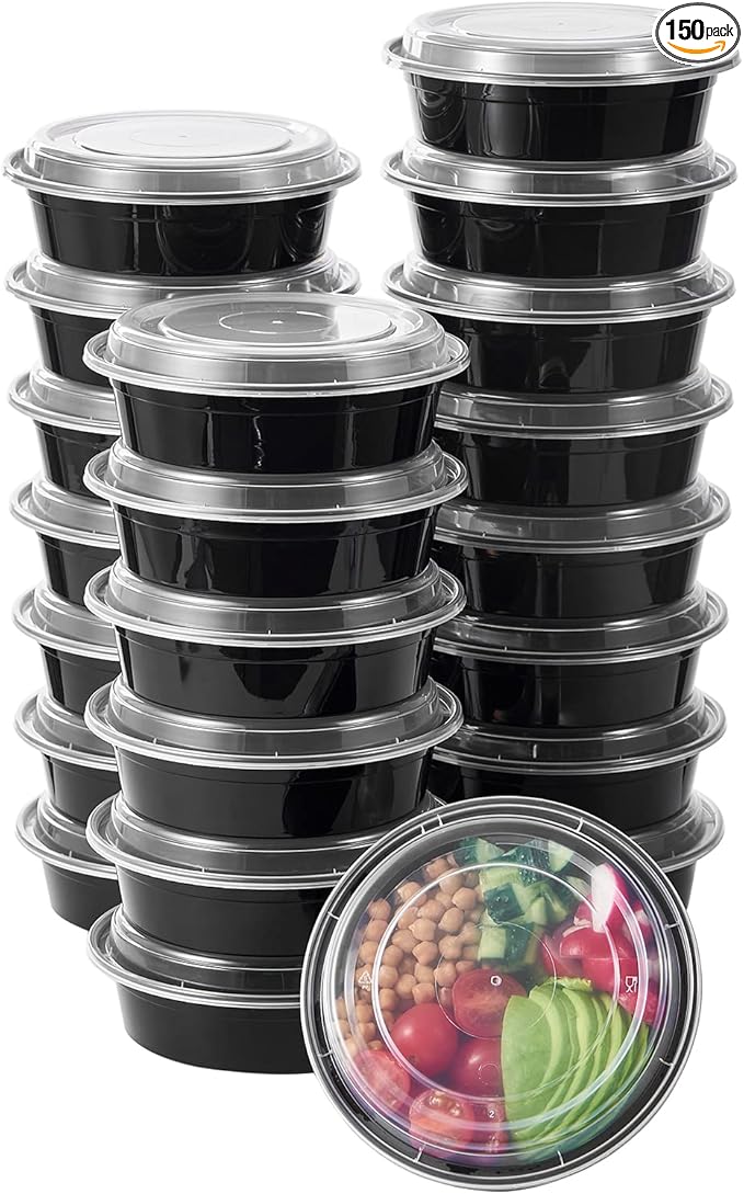 FULING 24 oz 150 ct Round Meal Prep Food Storage Containers with Lids To Go Plastic Lunch Plan Box Disposable Take Out Bowls Black BPA Free Reusable Durable Stackable Microwave Freezer Dishwasher Safe
