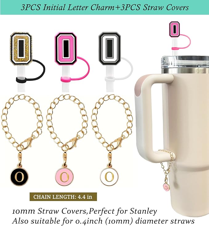 （3 +3) 3PCS Nuozme Straw Cover 10mm For Stanley Tumbler Cup Reusable Straw Cap Topper with 3 Initial Letter Charms Accessories Name ID Personalized Handle Charm For Stanley 30&40 Oz Cup Tumbler