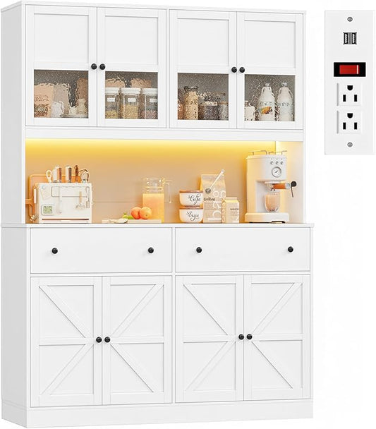 FINETONES 71" Pantry Cabinet with LED Light and Charging Station, Farmhouse Kitchen Pantry Cabinet with Microwave Stand, 47.2" Wide Kitchen Hutch Food Pantry with Open Countertop, White