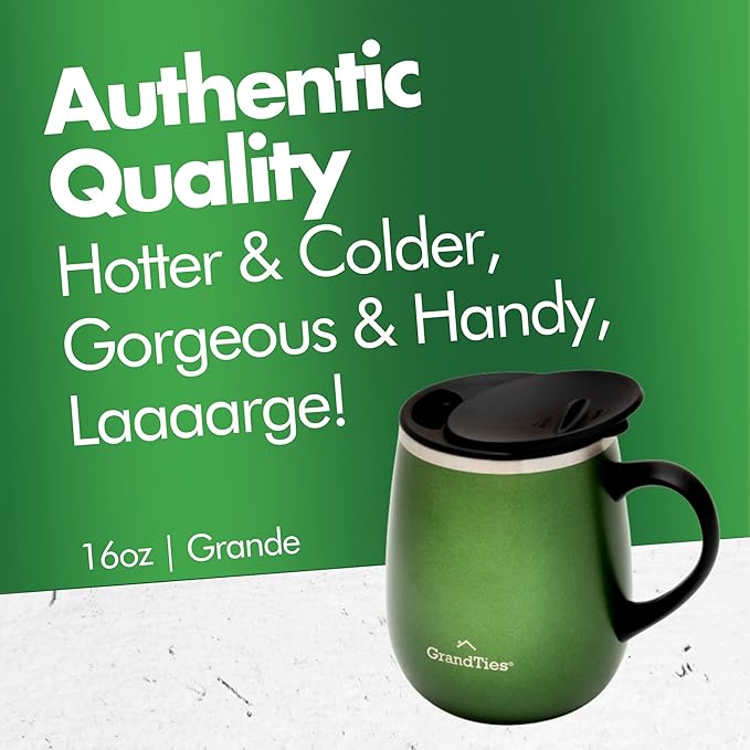 GRANDTIES Insulated Coffee Mug with Handle - Sliding Lid for Splash-Proof 16oz Wine-Glass Shape Thermal Tumbler with Double Walled Vacuum Stainless Steel to Keeps Beverages Hot or Cold-Green Metallic