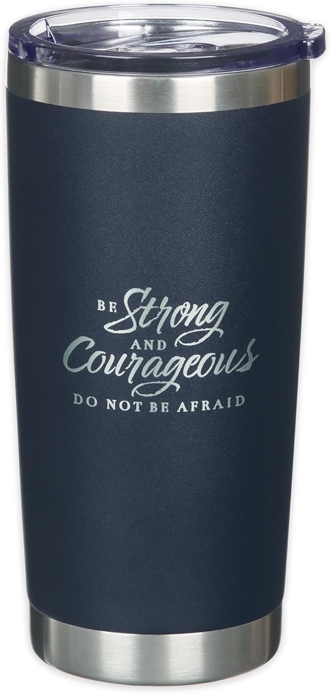 Christian Art Gifts Large Stainless Steel Scripture Tumbler Travel Mug for Men & Women: Strong & Courageous Inspirational Bible Verse, Double-wall Vacuum Insulated & Lid, Hot/Cold, Navy Blue, 18 oz.