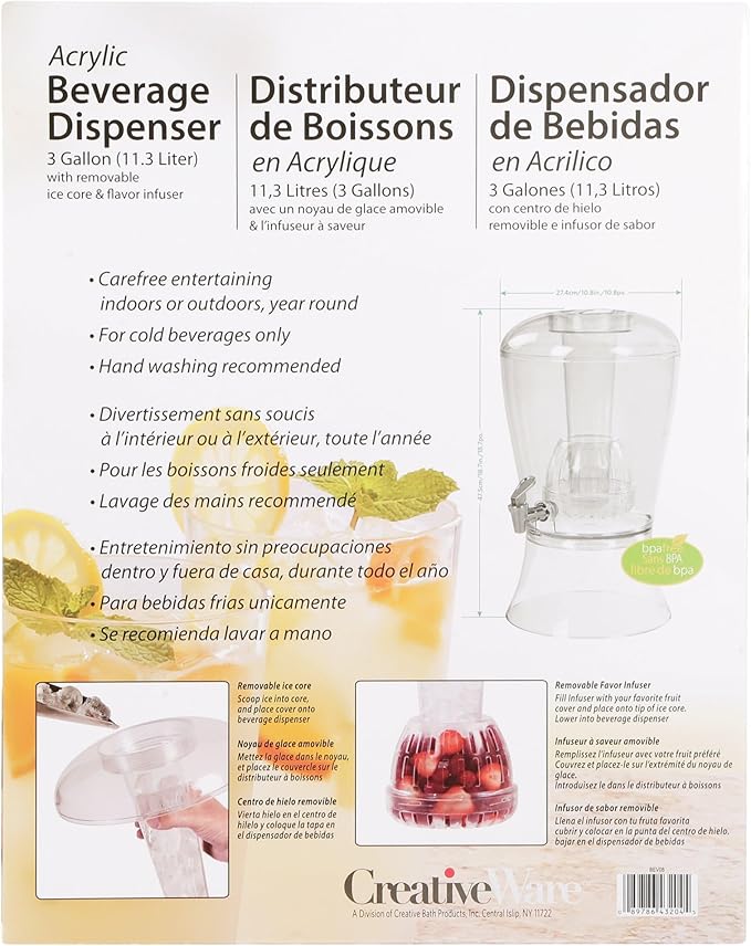 CreativeWare 3 Gallon Beverage Dispenser With Ice Cylinder And Fruit Infuser