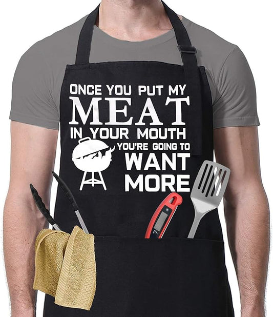 Funny Grilling Apron for Men, Adjustable Black BBQ Cooking Apron with Three Large Pockets, Chef Kitchen Apron for Barbecue and Outdoor Use, Gift for Dad, Husband, Boyfriend
