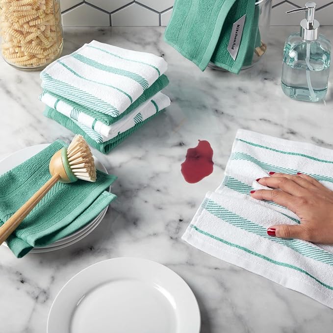 KitchenAid Albany Dishcloth 8 Pack Set, Aqua Sky/White, 12"x12"