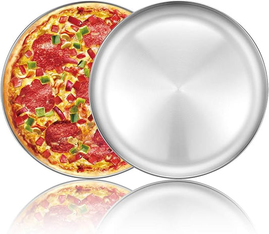 Deedro Pizza Baking Pan 12 Inch Stainless Steel Round Tray - Oven Sheet, Crisper, Healthy Cooking Pan for Pizza, 2 Pack