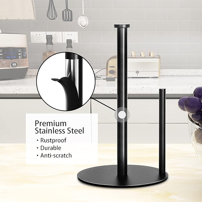 Paper Towel Holder Countertop, OBODING, Black Kitchen Paper Towel Holder Stand for Kitchen and Bathroom Organization, Stainless Steel Paper Towel Holders for Standard and Large Rolls (Matte Black)