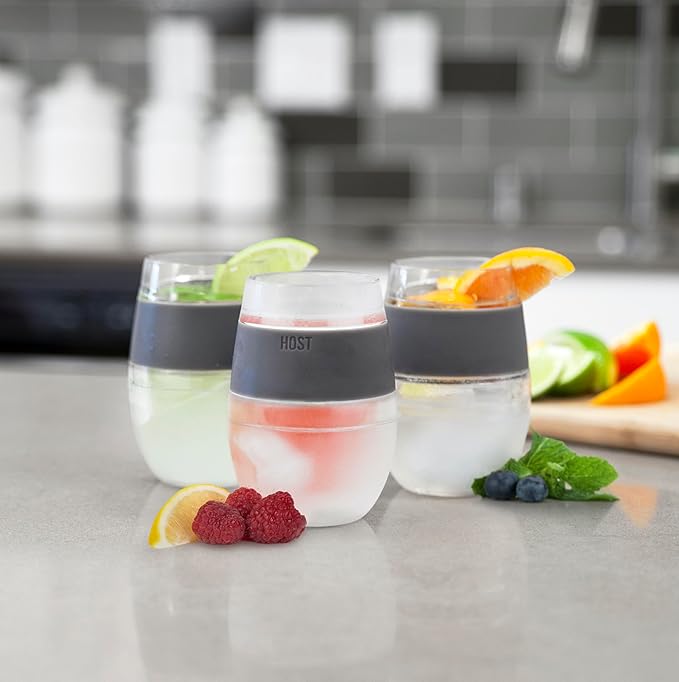 HOST 2962 Freeze Stemless Red & White Wine Tumbler Cups, Insulated Plastic Glass, Set of 2, 8.5 oz, Grey Silicone Bands