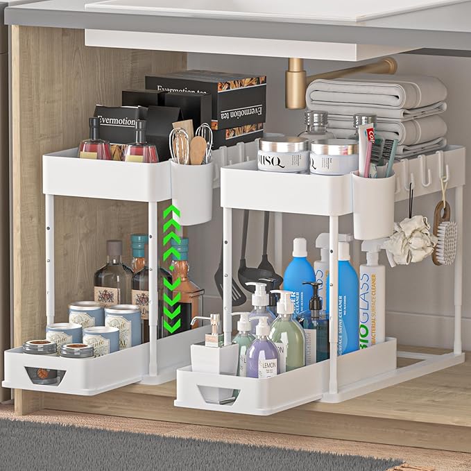 HI NINGER 2 Pack Adjustable Height Under Sink Organizers and Storage, 2Tier Bathroom Organizer Under Sink,Multifunction Kitchen Under Sink Organizer with 8 Hooks and 2 Hanging Cups and16Non-slip mat