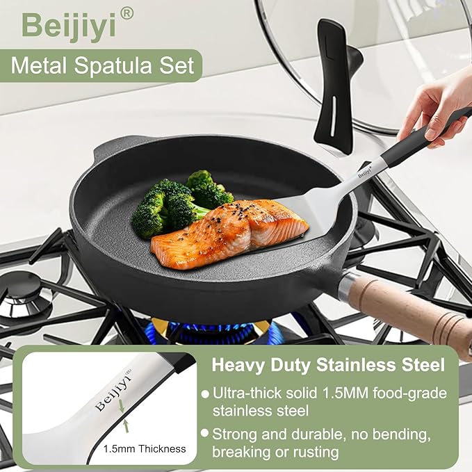 Beijiyi Stainless Steel Spatulas, 2 Pcs Metal Spatula Set for Cooking with Silicone Handle, Heavy Duty Turner for Cast Iron Skillet, Flat Top Grills, Kitchen Utensils for Steak, Pancake, Smash Burger