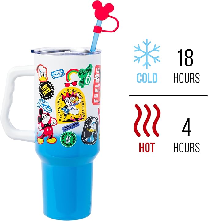 Silver Buffalo Disney Mickey and Friends Featuring Daisy, Donald Duck, Goofy, Pluto, Minnie Decals Stainless Steel Tumbler with Handle, Straw, and Straw Cap, Fits in Standard Cup Holder, 40 Ounces