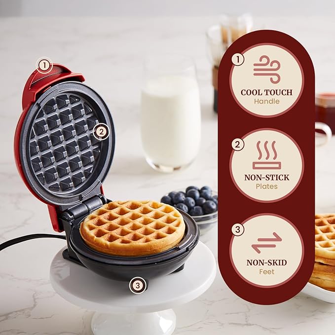 Elite Gourmet EWM015R Electric Nonstick 4.5-inch Mini Waffle Maker, Belgian Waffles, Compact Design, Hash Browns, Keto, Snacks, Sandwich, Eggs, Easy to Clean, Red